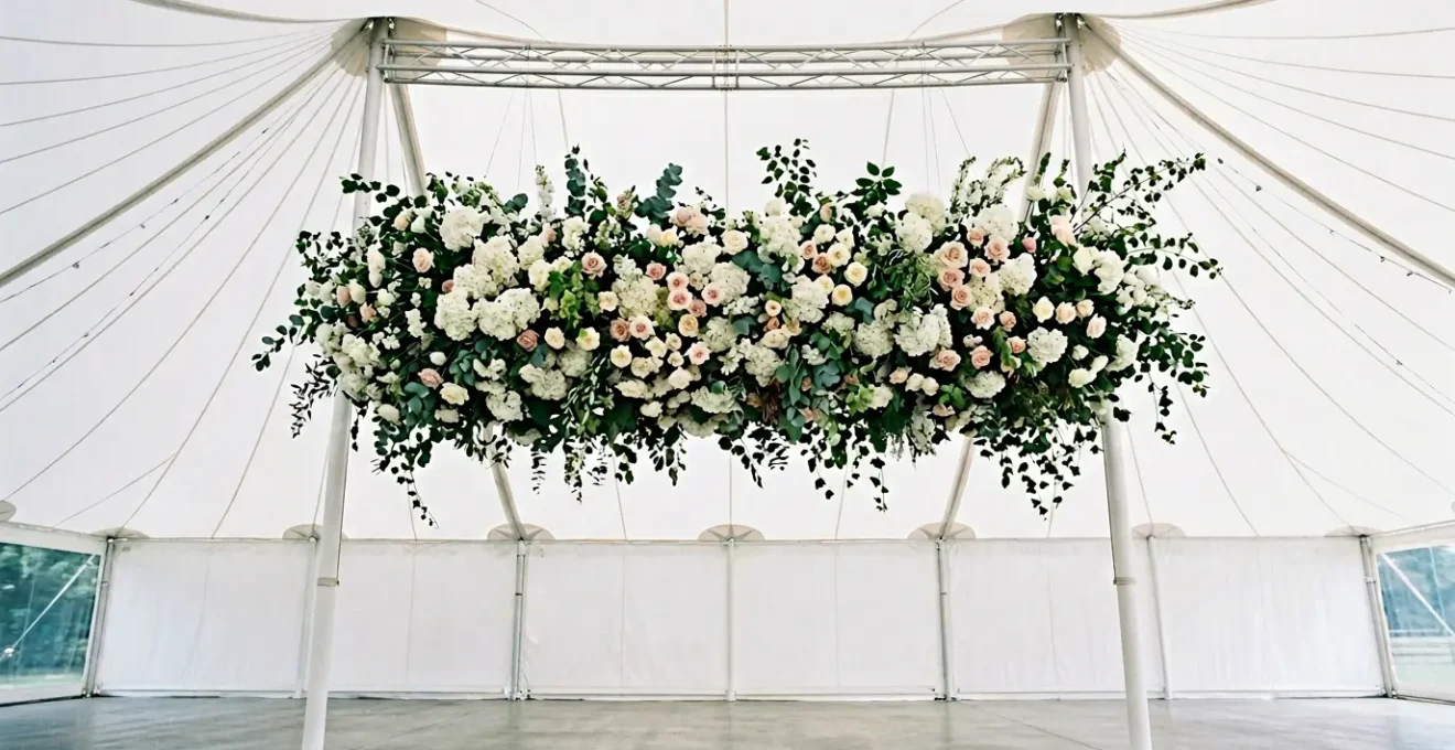 Gravity-defying suspended floral cloud hovering above marquee wedding setup with elegant rigging structure