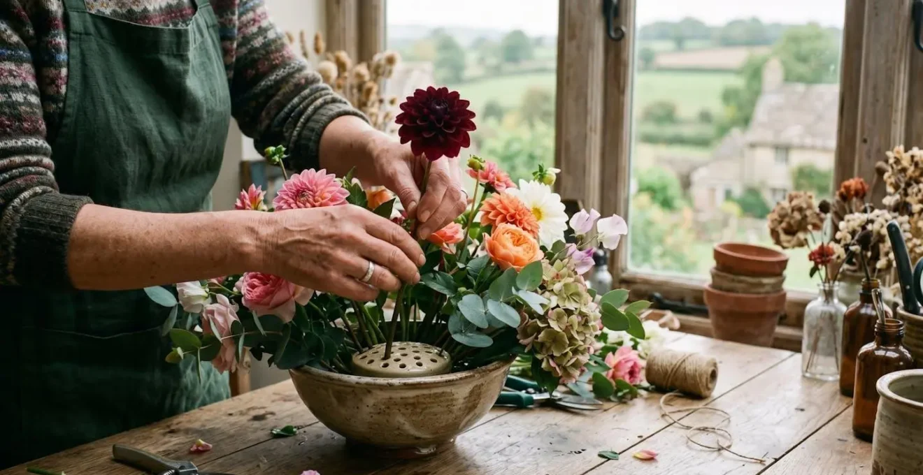 British sustainable florist creating elegant arrangement using traditional flower frog mechanics and natural materials in countryside studio setting