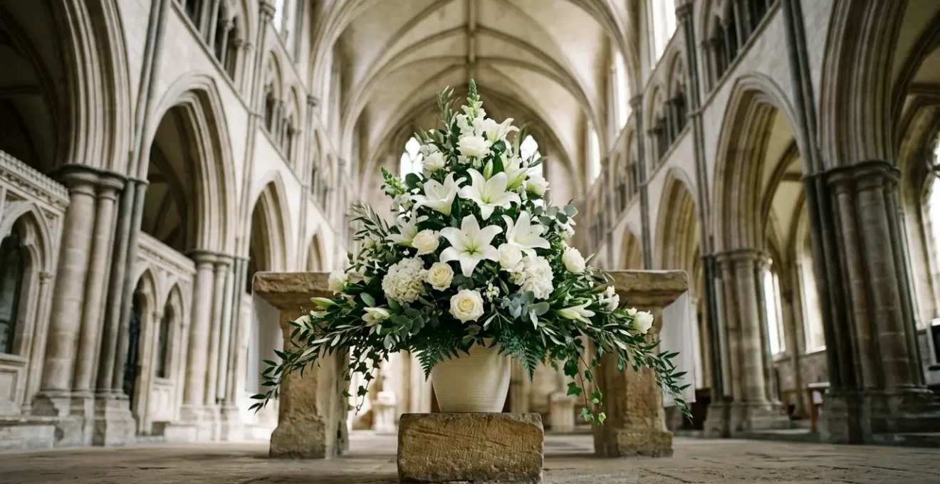 Professional symmetrical triangle flower arrangement on altar pedestal with dramatic height and balanced proportions