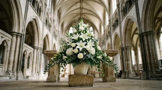 Professional symmetrical triangle flower arrangement on altar pedestal with dramatic height and balanced proportions