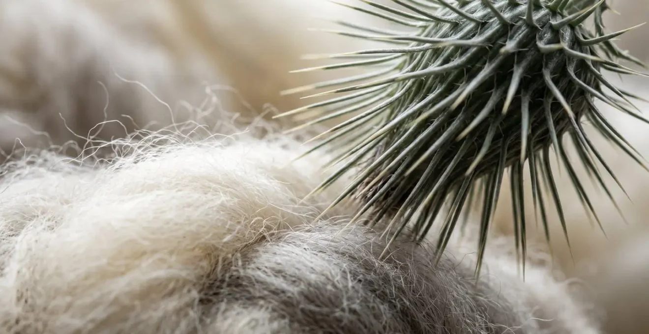 Extreme textural contrast between soft wool fibers and sharp thistle spines in floral design