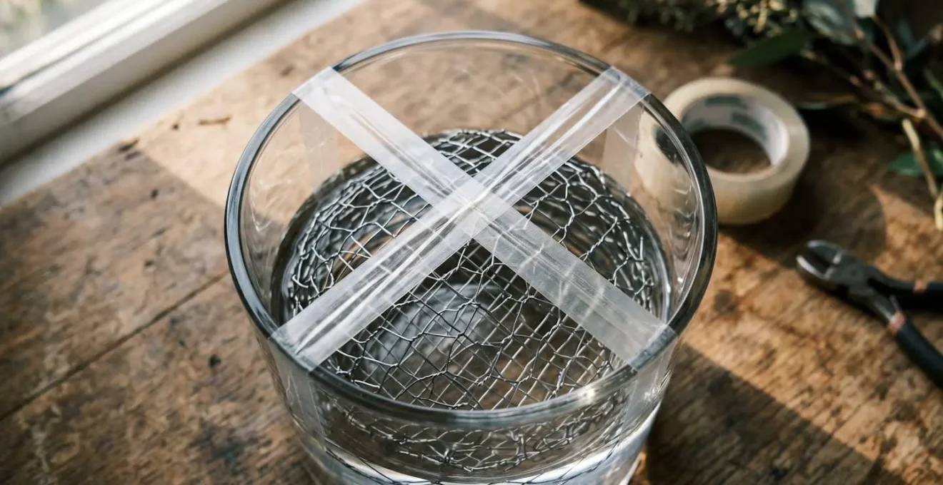 Diagonal overhead view showing precise X-pattern tape cross securing chicken wire pillow to glass vase rim with visible tension lines