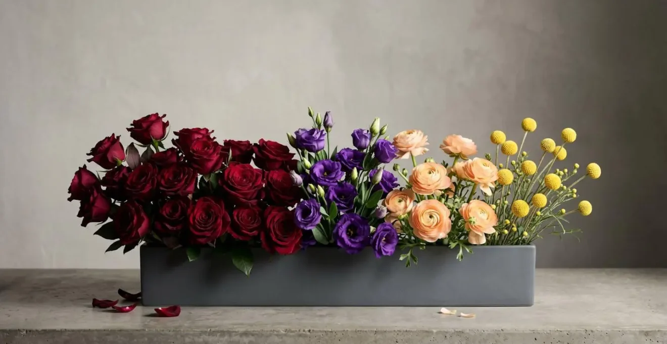 Wide shot of tetradic floral arrangement demonstrating spatial color blocking technique with distinct zones for each of four colors