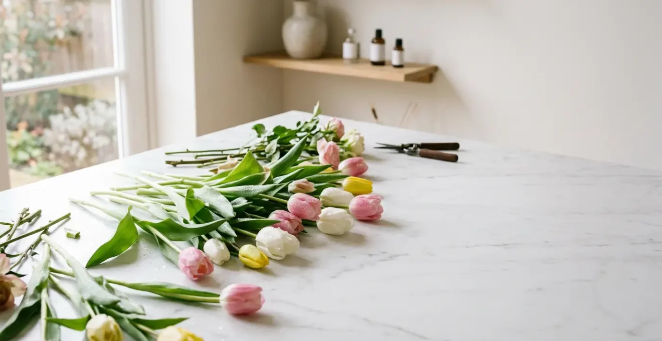 Professional tulip arrangement showcasing dynamic stem movement and elegant spring floral composition