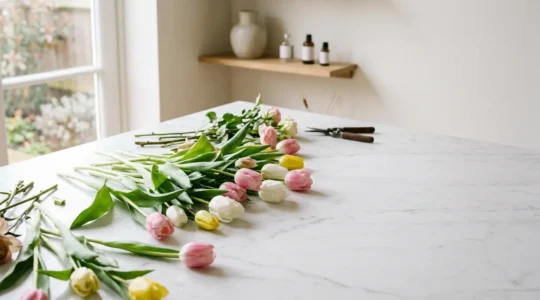 Professional tulip arrangement showcasing dynamic stem movement and elegant spring floral composition