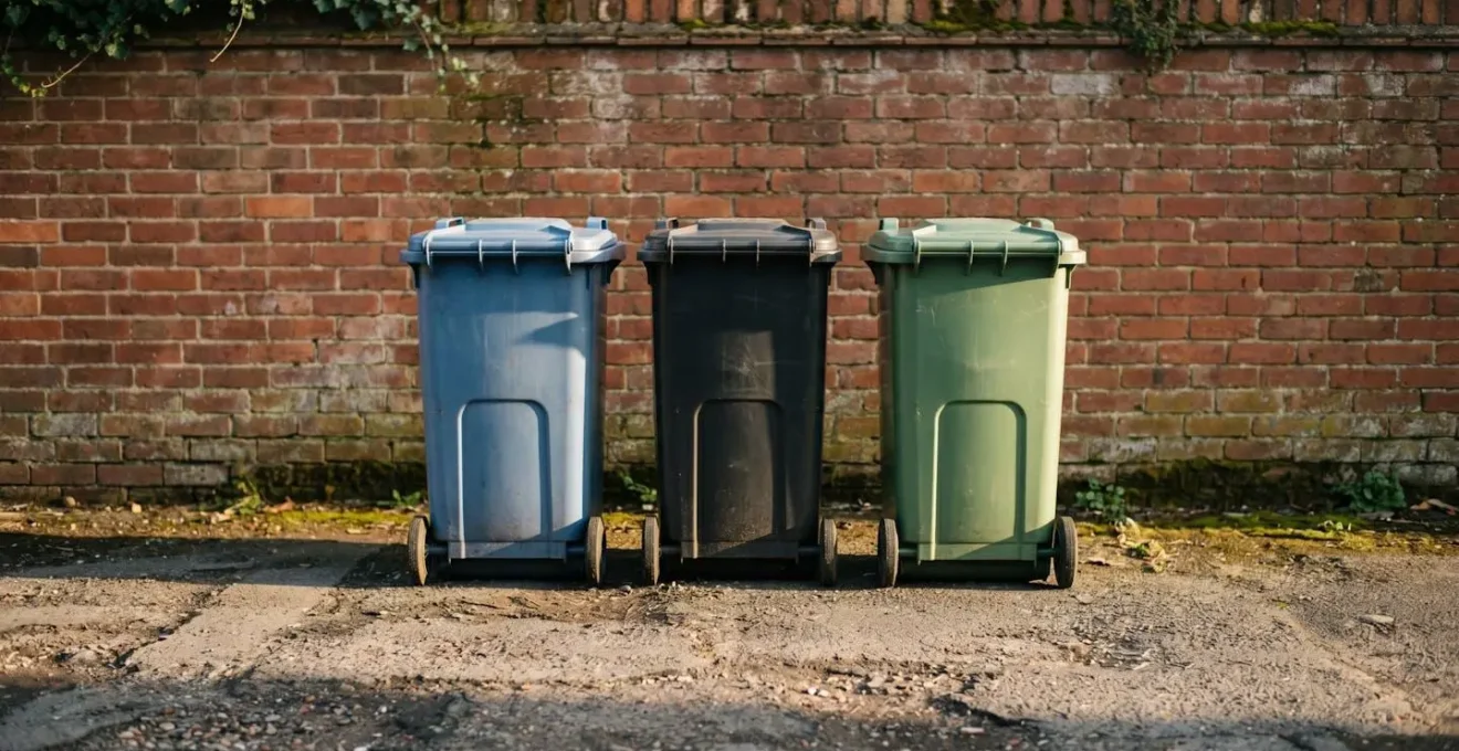 UK household waste bins showing correct separation of general waste versus recycling materials