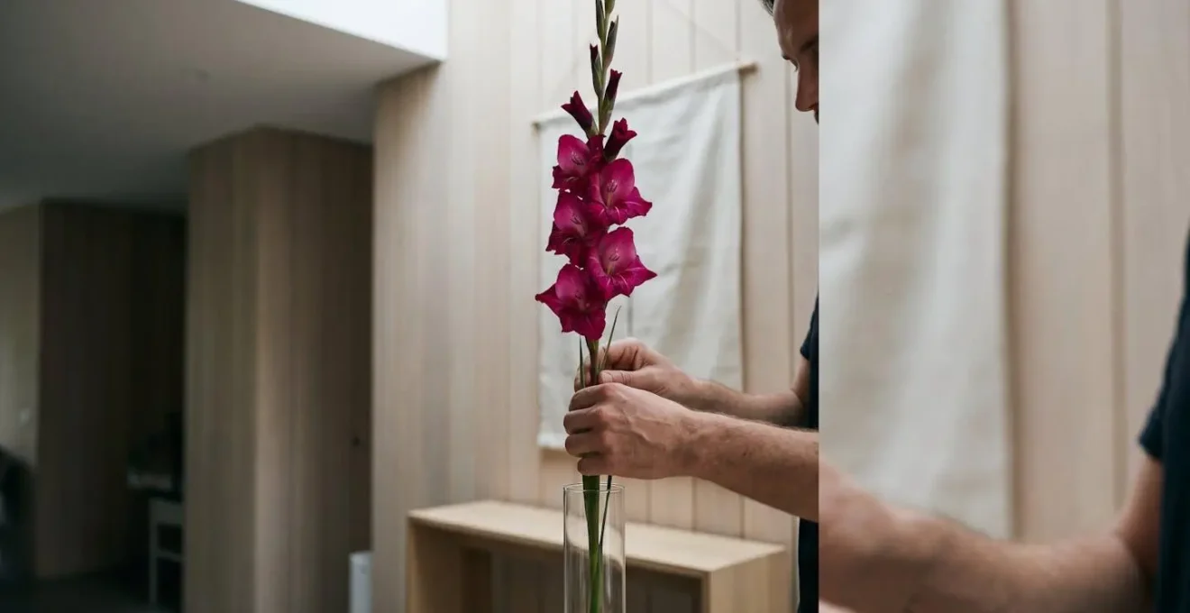 Dramatic vertical floral composition with tall gladioli stems creating strong upward lines in contemporary interior space