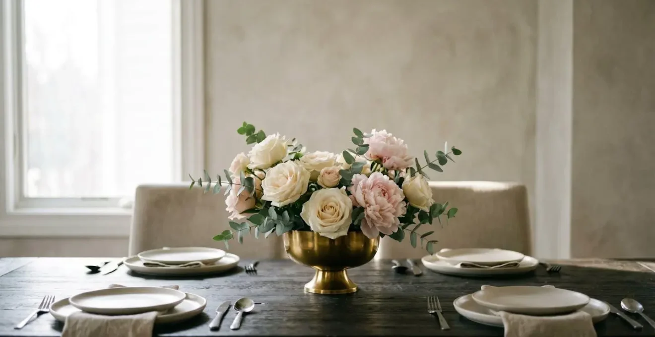 An elegant dining table centerpiece featuring fresh flowers arranged at the perfect height to allow guests to maintain eye contact and conversation across the table