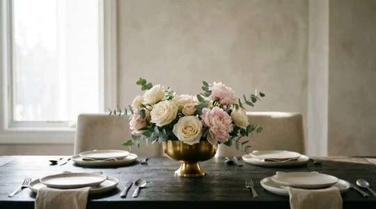 An elegant dining table centerpiece featuring fresh flowers arranged at the perfect height to allow guests to maintain eye contact and conversation across the table
