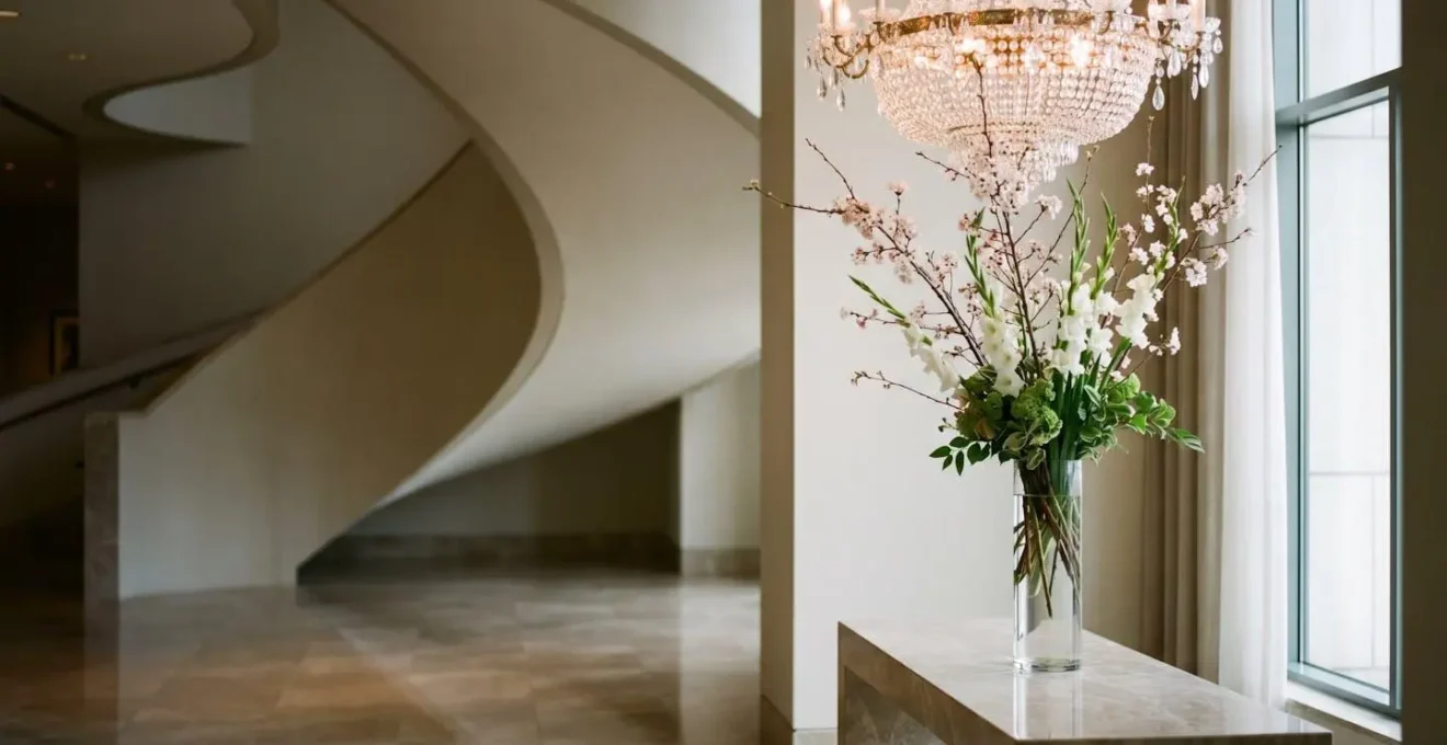 Dramatic tall floral arrangement in luxury foyer creating grand entrance statement
