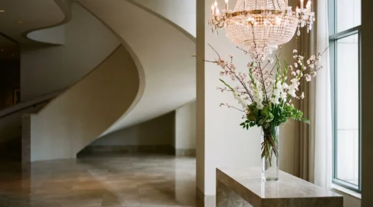 Dramatic tall floral arrangement in luxury foyer creating grand entrance statement